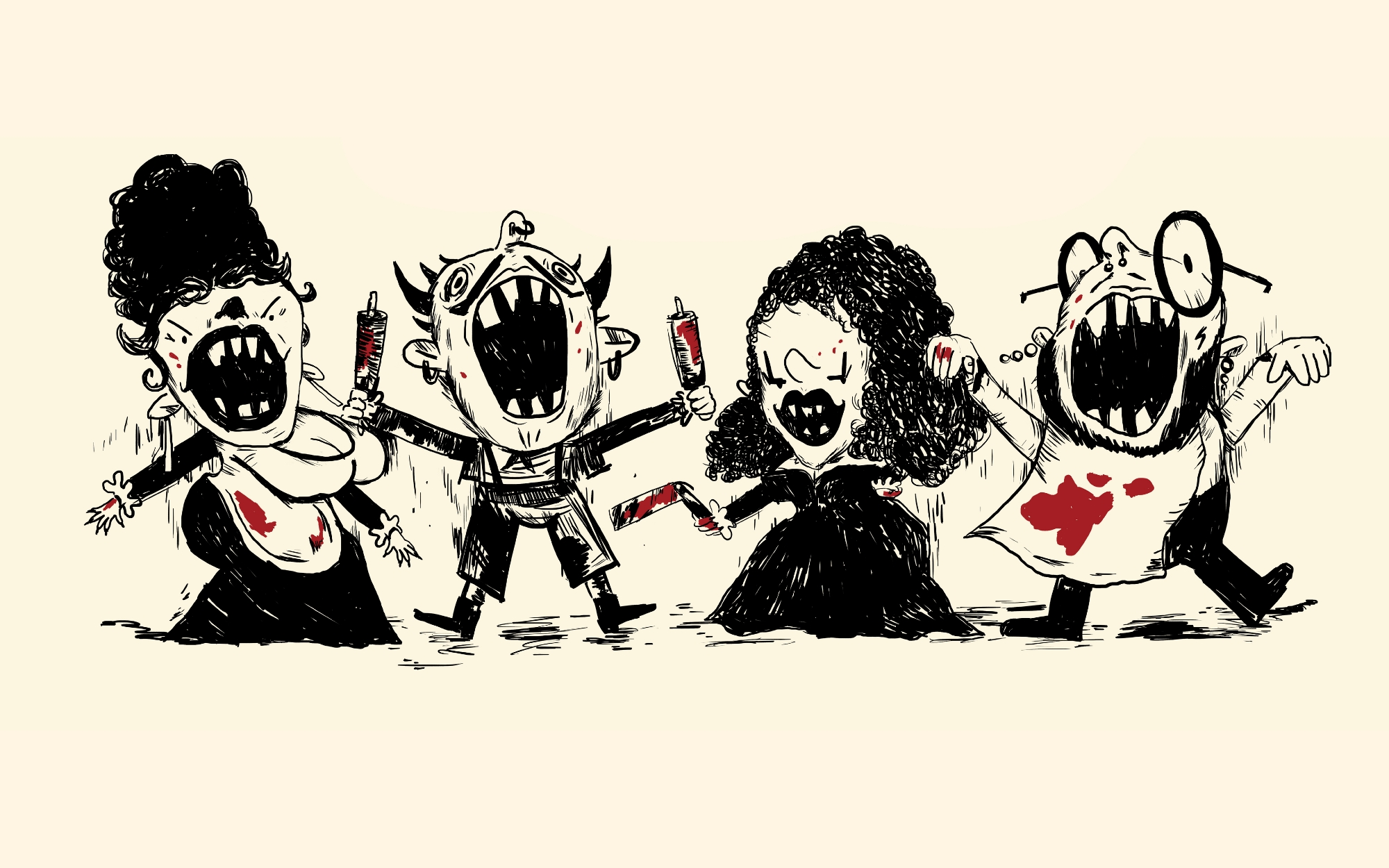 Four cartoonish macabre figures with exaggerated expressions hold syringes.