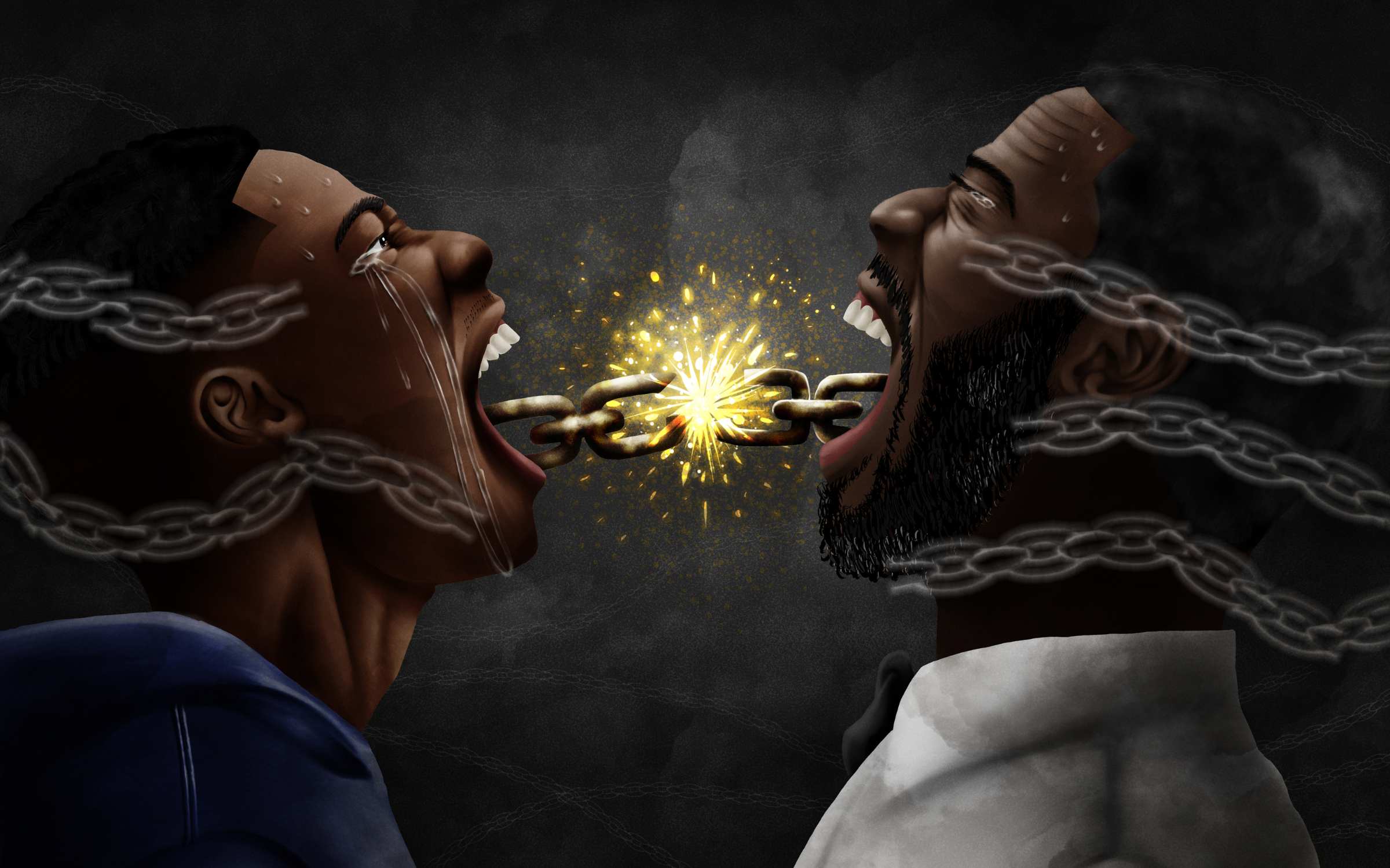 Two black men tilt their heads back and scream. They are father and son, connected by a thick chain that is sparking.