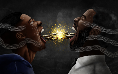 Two black men tilt their heads back and scream. They are father and son, connected by a thick chain that is sparking.