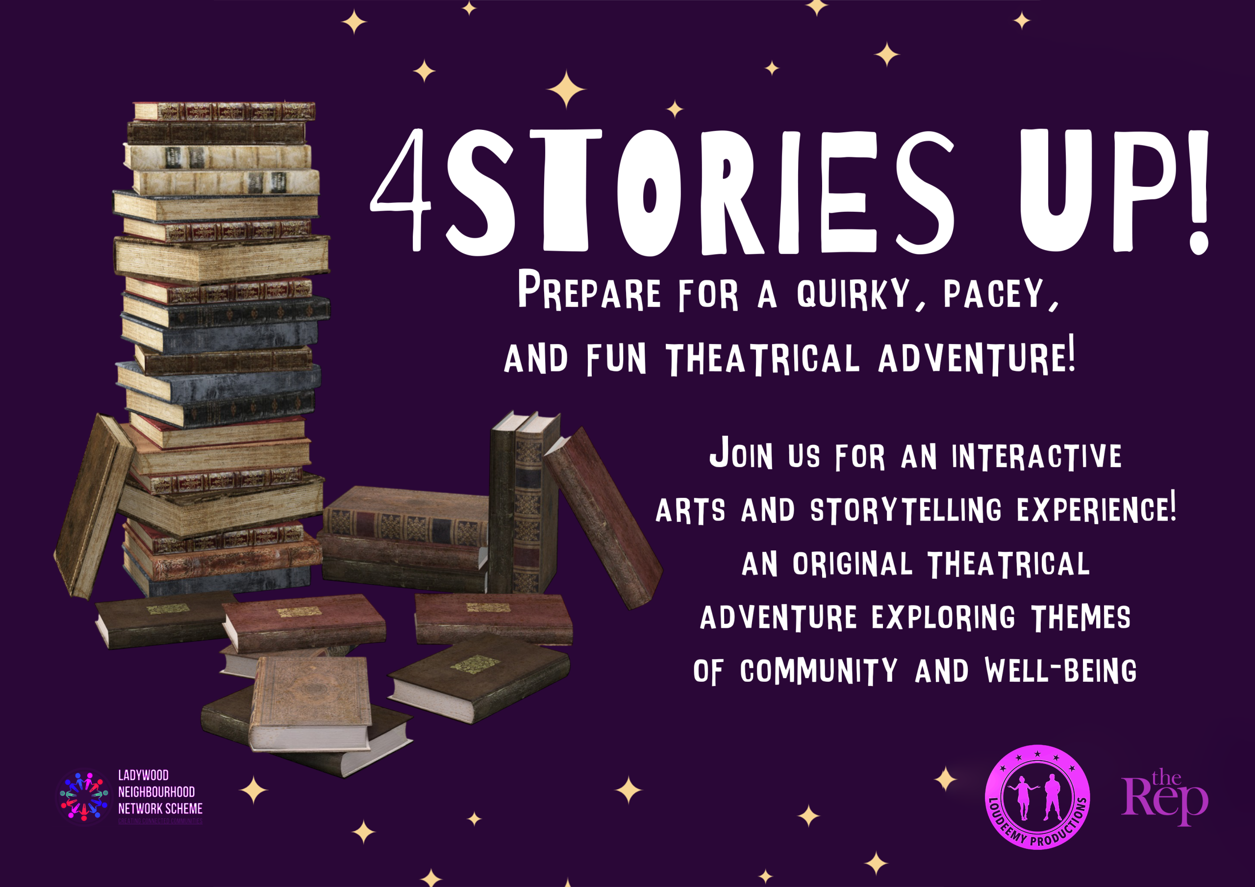Four Stories Up Artwork. featuring a pile of old books against a purple background.