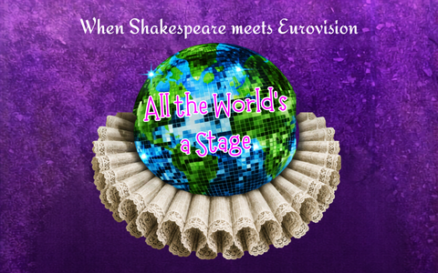 A sparkling globe wears a Shakespearean ruffled collar on a purple background. Text reads All The World's A Stage.