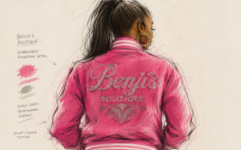 A sketch showing the back of a woman, she has long, dark hair tied up in a ponytail and is wearing a pink jacket with the words 