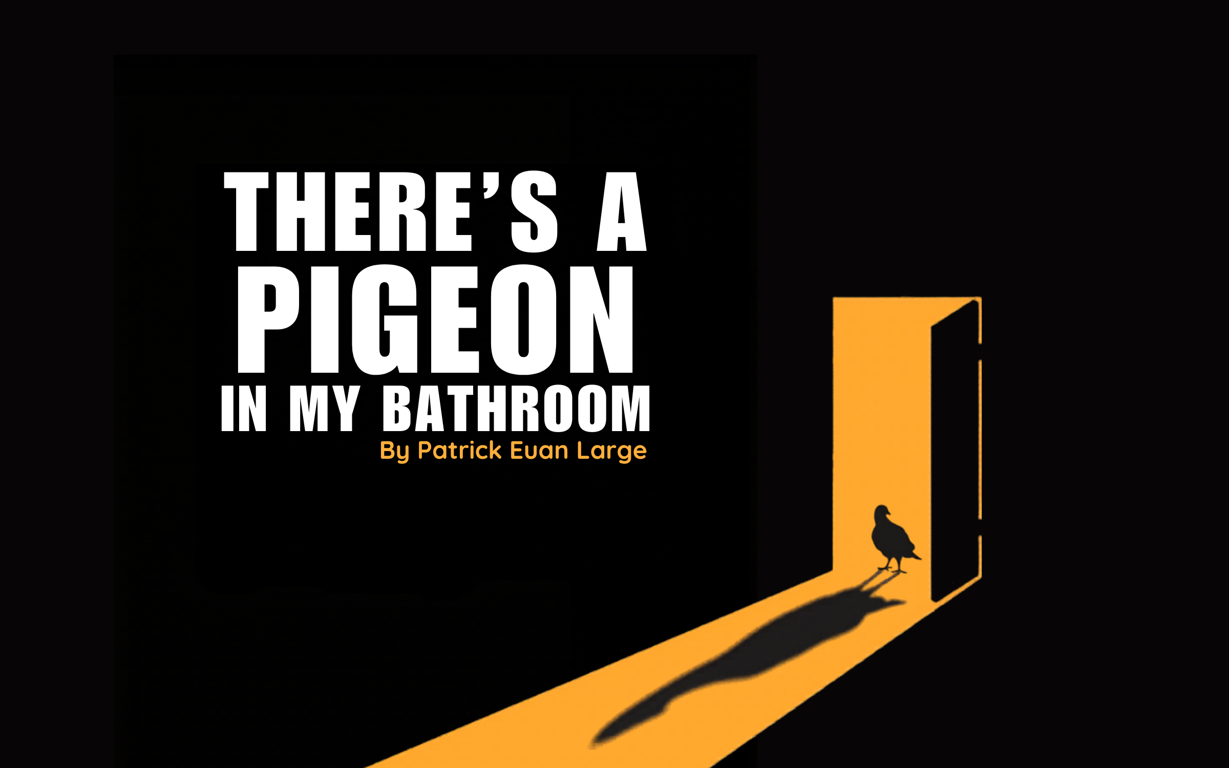 The silhouette of a pigeon can be seen in an orange glow from a doorway. Text reads “There's A Pigeon In My Bathroom”.
